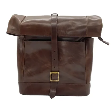 Premium Vintage Leather Roll-Top Backpack, Brown Retro Laptop Bag for Men Women