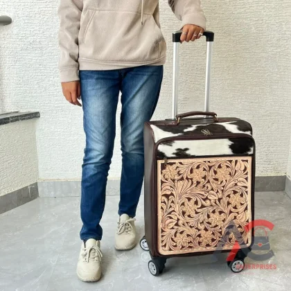 2026 New Premium Hand Tooled Cowhide Leather Luggage Bag Hot Sale Floral Design Western Genuine Leather Travel Big Size Suitcase