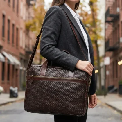 Premium Handmade Durable Office Tote Bag Dark Brown Genuine Leather Lining Laptop Bag Front Zipper Pocket Light Water Resistant