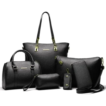 Premium Genuine Cowhide Women Handbag Set Tote Shoulder Bag Crossbody Wallet Wristlet Cosmetic Pouch Key Holder Complete Set