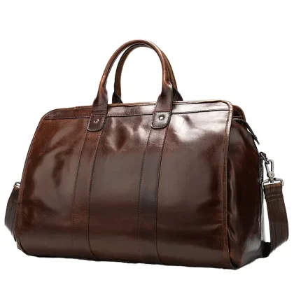 Premium Modern Genuine Leather Duffle Bag 36-55L Dark Brown Travel Weekender Unisex Zipper Lightweight Durable Carry