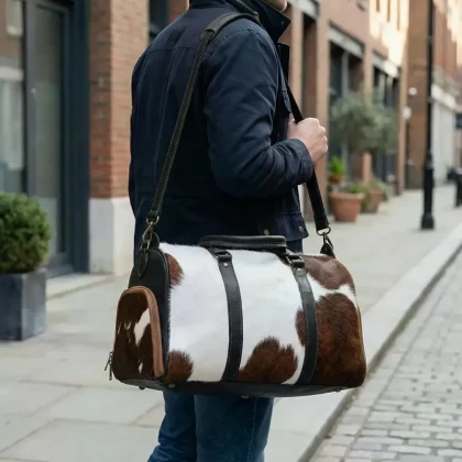 Wholesale genuine cowhide leather hair on travel duffle bags logo supplier premium fashion luggage export quality