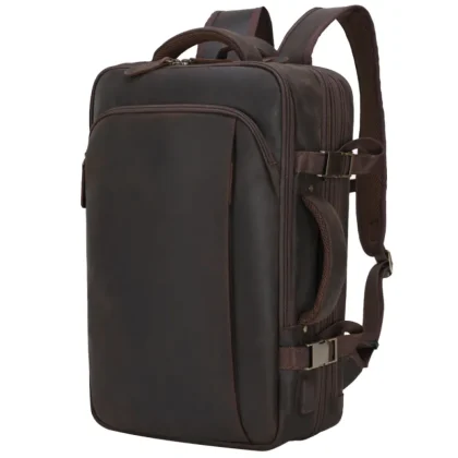 Large Capacity Premium Crazy Horse Leather Back Pack Bag With USB Men Expand Brown Cowhide Genuine Leather Travel Backpack