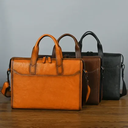 Premium Handcrafted Vegetable Tanned Leather Men's Briefcase 100% Genuine Cowhide Business Laptop File Bag Zipper Closure Large