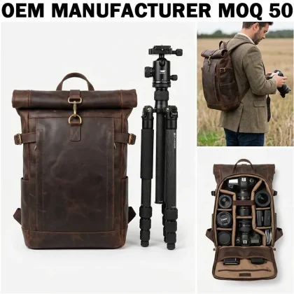 Logo Dark Brown Genuine Leather Lens Case Compact Size With Padded Dividers Leather Camera Bag Backpack for CA