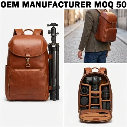 Durable Leather Photo Bag Water-resistant Outdoor Camping Storage Real Leather Camera Bag Backpack for CA