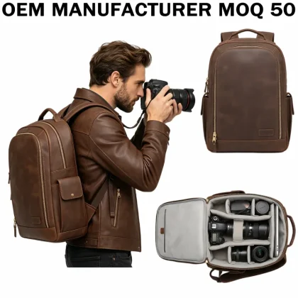 /ODM Vintage Full Grain Leather Camera Bag Backpack Multi Functional DSLR Camera Backpack for Photographer
