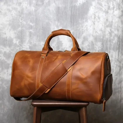 Large genuine leather duffel bag luxury overnight travel luggage supplier handmade cow leather travel bag premium weekender bag