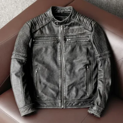 Men's Leather Jacket Vintage Breathable Windbreak Frame Zipper Eco-Friendly Autumn Motorcycle Vegetarian Leather