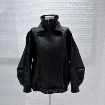 Premium Genuine Cowhide Leather Women's Classic Biker Jacket with Zipper Closure Windproof for Autumn Motorcycle & Outdoor Use