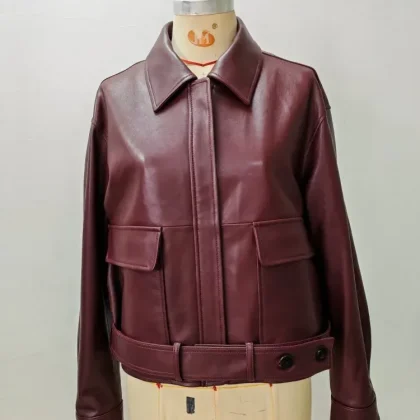Burgundy Unisex Real Leather/PU Collared Belted Leather Coat - Casual Commute Utility Jacket