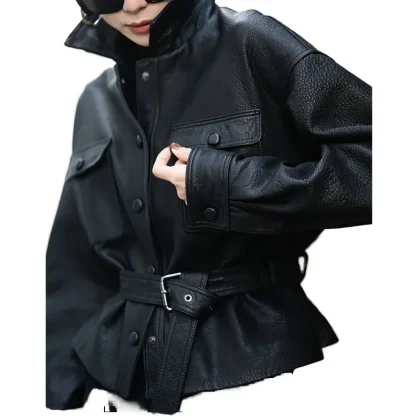 Haining 2025 Autumn New Women's High-End Short Motorcycle Leather Jacket Coat Waterproof Sheepskin Jacket by Song Jiatong