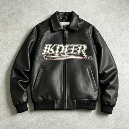 Genuine Sheepskin Leather Bomber Jacket 3D Embossed Embroidered GraphicVintage Streetwear Coat for Men