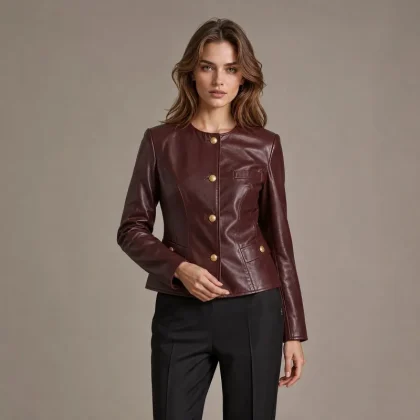 Premium Burgundy Leather Jacket Women Elegant Single Breasted Outerwear for Daily Commute & Weekend