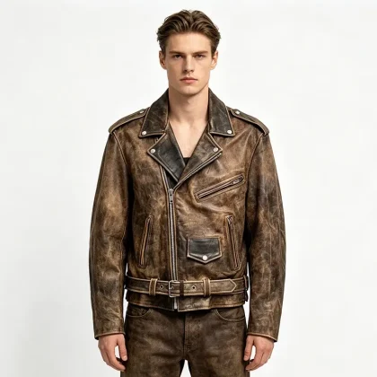 Premium Cowhide Leather Jacket Men Luxury Distressed Brown Rub-off Finish Vintage Biker Jacket Real Leather Motorcycle Coat Z360