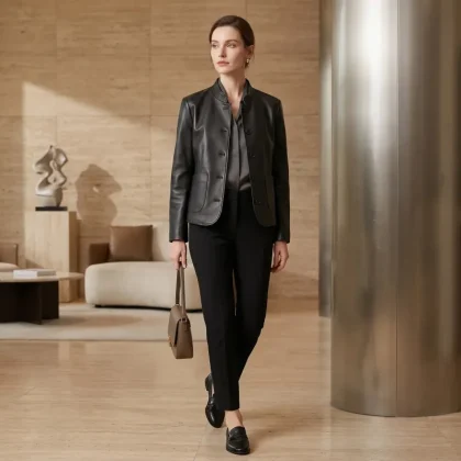 Women's Black Sheepskin Leather Jacket, Mandarin Collar Leather-Covered Snap Minimal New Chinese Short Commuter Coat