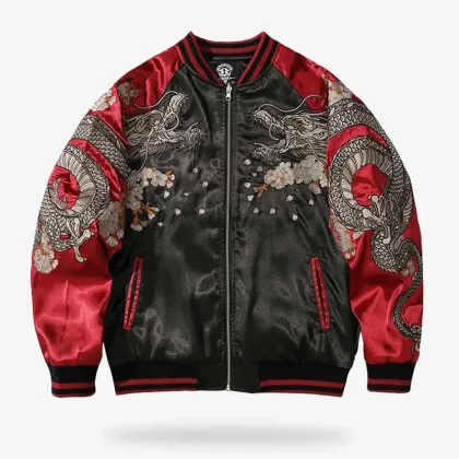 Ultra-Luxury Winter Leather Sukajan Bomber Jacket | Hand-Embroidered Japanese Design Zipper Closure Sheep Trim | Artisan Craft