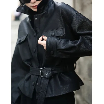 2025 Autumn New Sheepskin Song Jiatong High-end Genuine Anti-Wrinkle Single Breasted Turn-down Collar Motorcycle Jacket Women