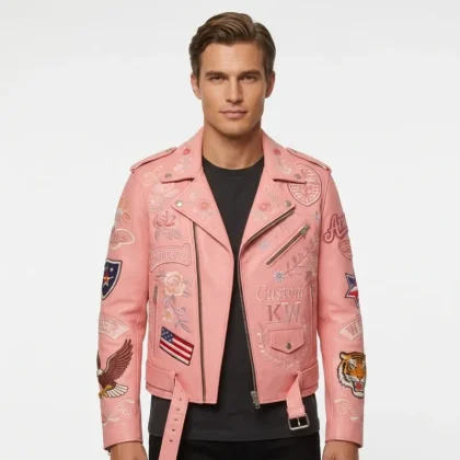 Embossed Pink Biker Jacket Advanced Embroidered Applique Plain Logo Reversible Cowhide Genuine Leather Racer Jacket