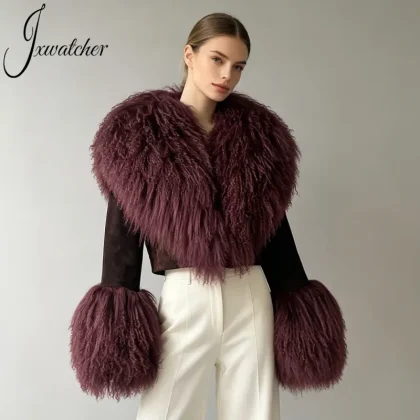Jxwatcher Cropped Soft Big Real Mongolian Lamb Fur Collar Cuffs Winter Genuine Suede Women's Leather Motorcycle Jacket