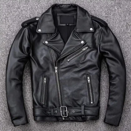 Men's Genuine Cowhide Leather Motorcycle Jacket Slim Fit Turn-down Collar Zipper Closure Autumn Style