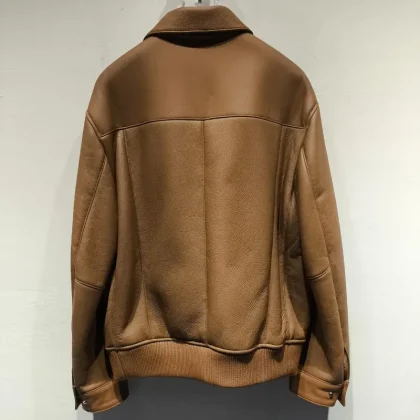 Factory Price Mens Brown Wool / Cashmere Genuine Leather Jacket Winter Front Zipper Closure Casual Windproof Breathable Premium