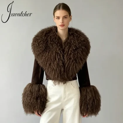 Jxwatcher Luxury Cropped Soft Big Real Mongolian Lamb Fur Collar Cuffs Winter Genuine Suede Leather Jackets for Ladies