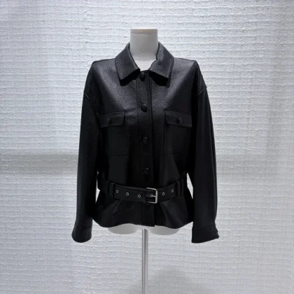 Special Design Women's Black Leather Jacket Belt Chest Pockets Windproof Waterproof for Winter/Autumn Everyday Motorcycle Wear
