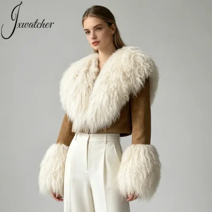 Jxwatcher Cropped Soft Big Real Mongolian Lamb Fur Collar Cuffs Fall Winter Genuine Suede Women's Leather Bomber Jacket