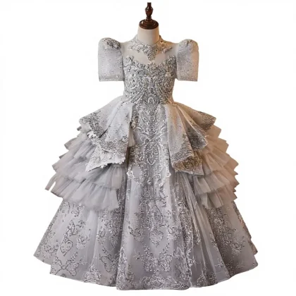 Cute Sequin Princess Beach Girls' High-End Light-Luxury Birthday Wedding Evening Gown Puffy Flower Girl Dress