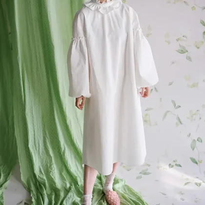 Summer Flower Collar Puff Sleeve and Midi Length High-End Feel Breathable White Cotton Dress for Women