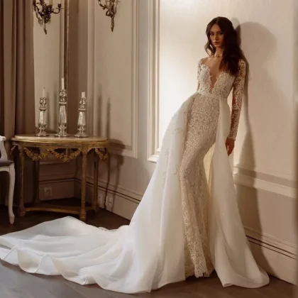 2026 New Style Fish-tail Long Dress - Detachable Long Tail Wedding Dress - High-end Luxury Backless Evening Gown