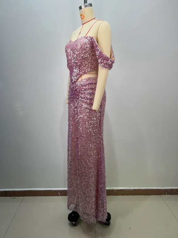 ED2814 Kimshein High End Luxury Glamorous Off Shoulder Ball Gown Sequin Floor Length Elegant Sequin Evening Dress - Image 3
