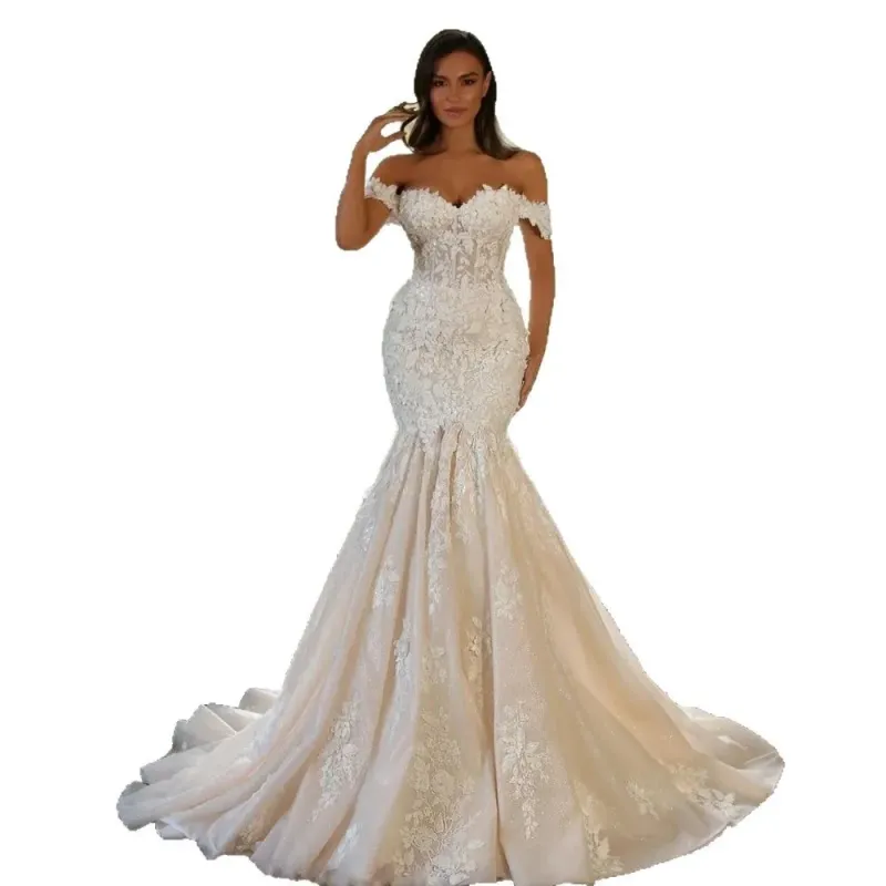 High-End Ivory Off-Shoulder Sleeveless Wedding Dress Elegant French Mermaid Slimming Lace-Up Bridal Gown - Image 5