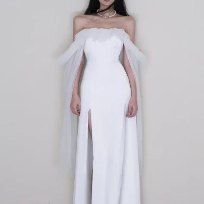 High End Mesh Dress with Ruffled Edges, One Shoulder High Slit, Slim Fit and Sexy Morning Gown