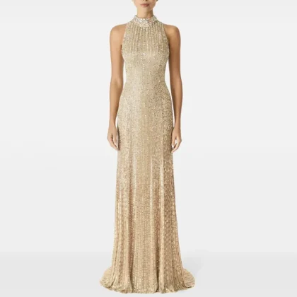 Luxury Champagne Sequin Beaded Evening Dress High Neck Sleeveless Bodycon Maxi Gown Elegant Formal Party Dress
