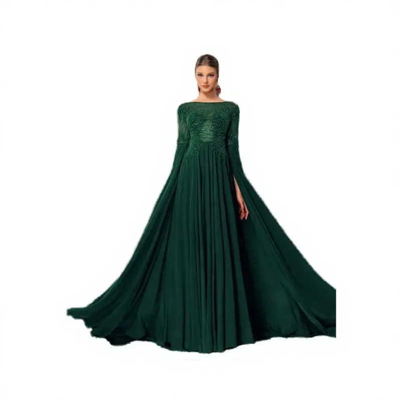 Women's Summer Elegant High-End Vintage Washable Floor-Length Patchwork Beaded Chiffon A-Line Party Evening Dress Built-in Bra - Image 2