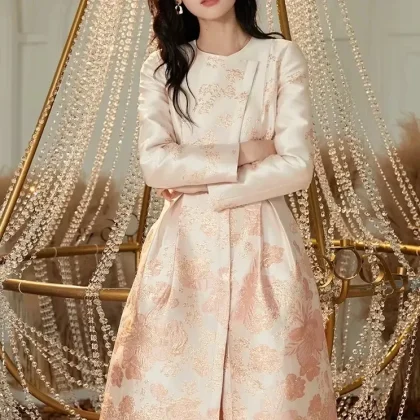 Jacquard Heavy Industry Pink Women's Spring Tea-Length Intelligent Light Luxury Floral Print Crepe Lace A-Line Handmade