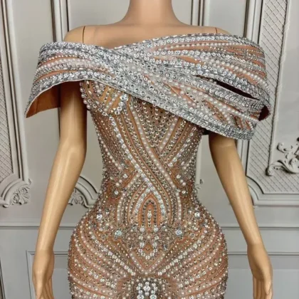 High-End Satin Evening Dress Sparkly Crystals Strapless Gown Natural Sexy Women's Birthday Celebration Party Outfit for