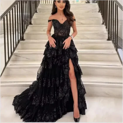 New Off-Shoulder Ball Gown Black Wedding Dress Crystal Luxury Evening Dresses Women's High-end Gown Light Luxury Party Dresses
