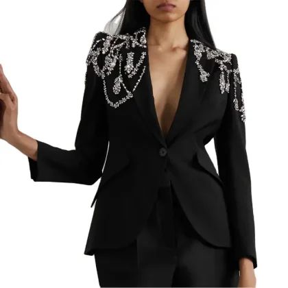 Latest Haute High Quality Tailored Crystal Embellished Single Breasted Wool blazer Dress