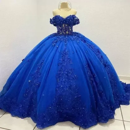 Belvedere Solo Dress with Blue Three-dimensional Flowers One-shoulder High-end Puffy Skirt Tail Heavy Work Performance Costume