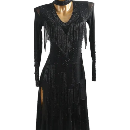 2026 High-End Black Latin Dance Competition Costume Mesh Long-Sleeved Hot-Stone-Embroidered Tassel Performance