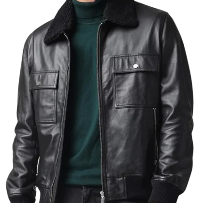 Essence Black Leather Bomber Jacket