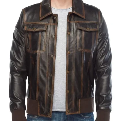 Rugged Distressed Brown Leather Bomber Jacket