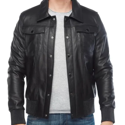 Kaan Black Leather Bomber Jacket