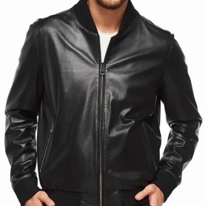 Velocity Black Leather Bomber Jacket