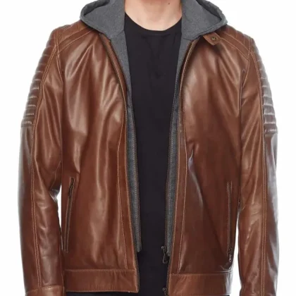 Element Brown Detachable Hooded Leather Jacket