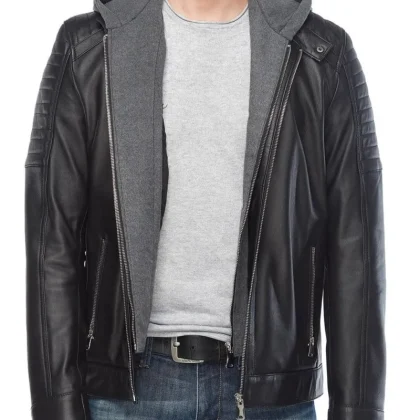 Radiant Black Detachable Hooded Leather Jacket