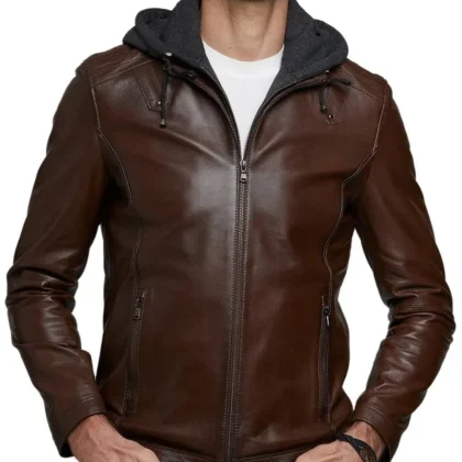 Volt Brown Detachable Hooded Leather Jacket